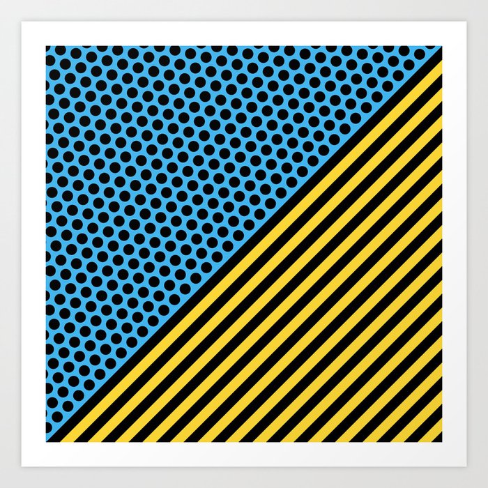 Pop Art Dot and Stripe Pattern 223 Black Cyan and Yellow Art Print