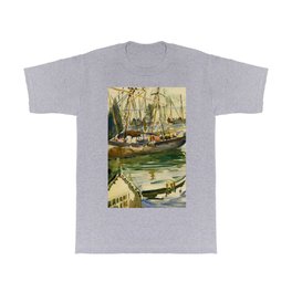 Ships in Harbor coastal nautical landscape painting by Hayley Lever T Shirt | Charleston, Savannah, Narragansett, Newbedford, Galilee, Watchhill, Chesapeakebay, Plymouth, Longisland, Rockport 