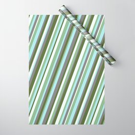 [ Thumbnail: Vibrant Dark Olive Green, Mint Cream, Dark Sea Green, Turquoise & Grey Colored Stripes Pattern Wrapping Paper ]