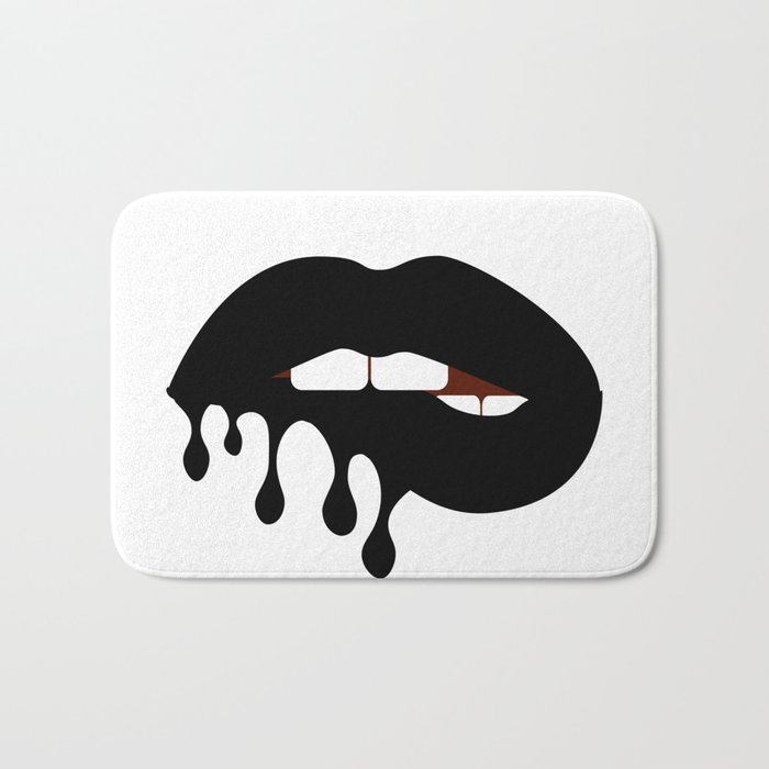 Black melting lipstick on bitting woman lips. Vector art print. Fashion pattern Bath Mat