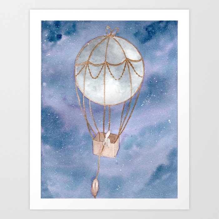 Moon Balloon Galaxy Night Sky Watercolor Painting Art Print By