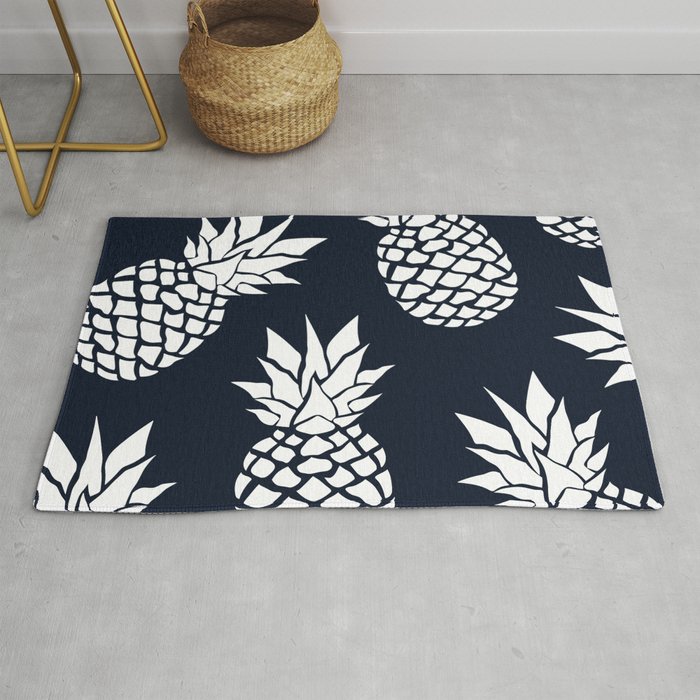 Tropical, Pineapples, Navy Blue ad White Rug