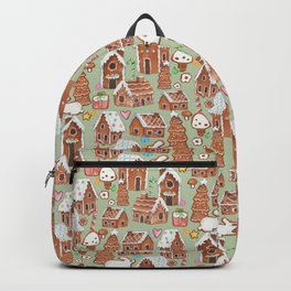 Snowy gingerbread houses - green Backpack