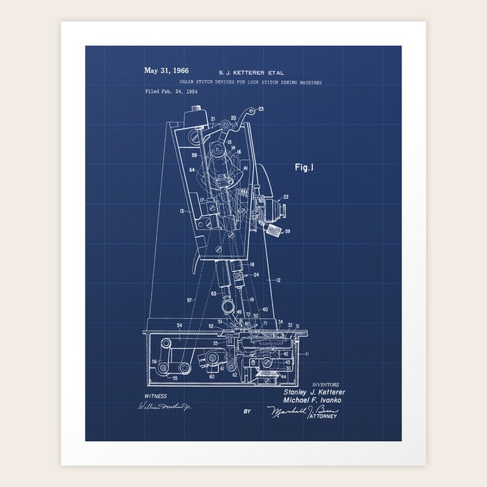 Chain Stitch for Lock Stitch Sewing Machine Vintage Patent Hand Drawing