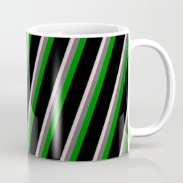 [ Thumbnail: Vibrant Aquamarine, Light Pink, Dim Gray, Green & Black Colored Lined/Striped Pattern Coffee Mug ]