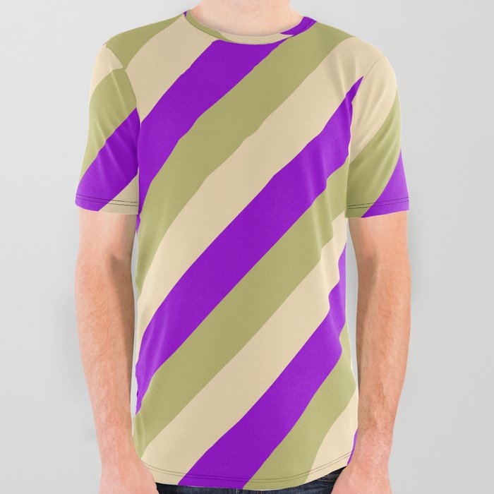 Dark Khaki, Tan, and Dark Violet Colored Striped Pattern All Over Graphic Tee