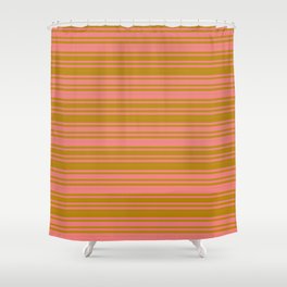 [ Thumbnail: Dark Goldenrod & Light Coral Colored Pattern of Stripes Shower Curtain ]
