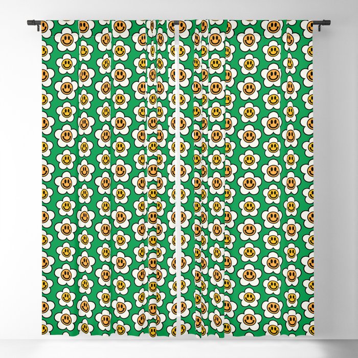 Bold And Funky Flower Smileys Pattern (Green BG) Blackout Curtain