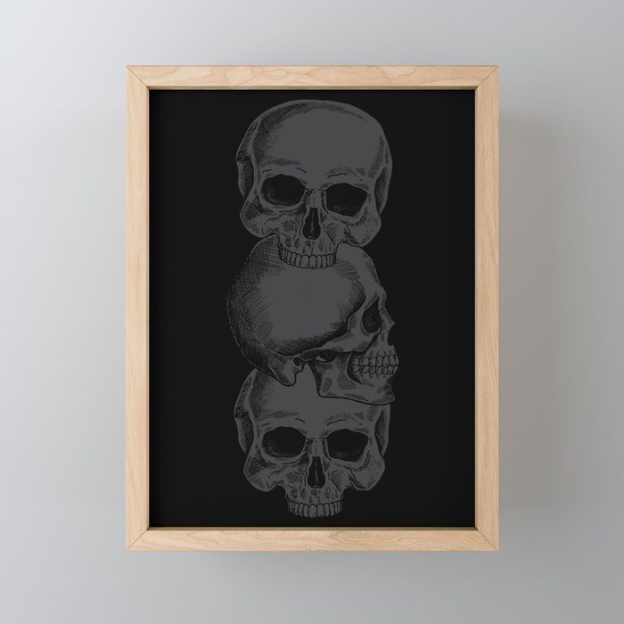 3 Black Skulls Stacked On Top of Each Other Framed Mini Art Print