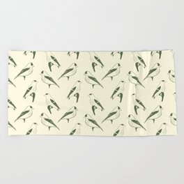 Olive green finches on cream background/ minimalist/ pattern/  Beach Towel
