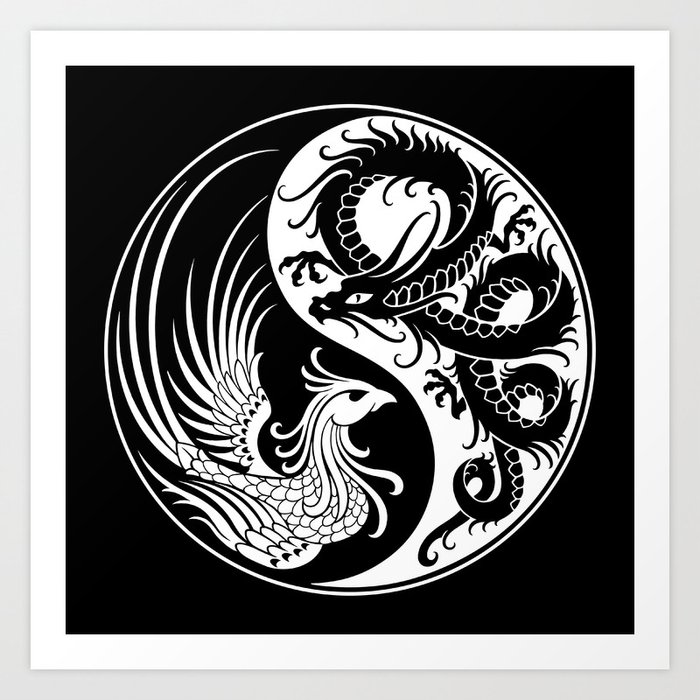 Black Dragon Phoenix Yin Yang Art Print, Yin Yang Rug Ukay