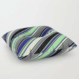 [ Thumbnail: Vibrant Green, Dim Grey, Midnight Blue, Beige & Black Colored Striped Pattern Floor Pillow ]
