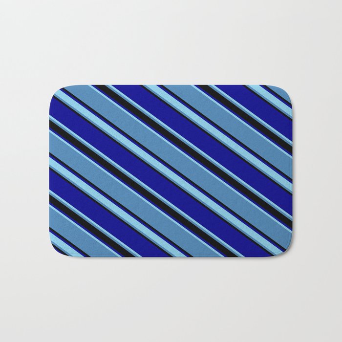 Blue, Black, Dark Blue & Sky Blue Colored Pattern of Stripes Bath Mat