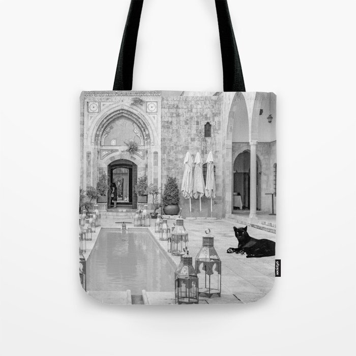 Pet black panther poolside portrait black and white photograph - photography - photographs  Tote Bag
