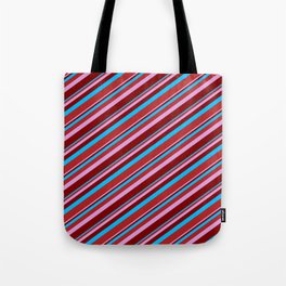 [ Thumbnail: Deep Sky Blue, Red, Plum & Maroon Colored Lined/Striped Pattern Tote Bag ]