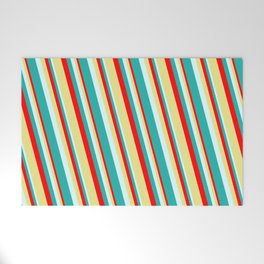 [ Thumbnail: Red, Tan, Light Cyan, and Light Sea Green Colored Lined/Striped Pattern Welcome Mat ]