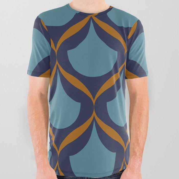 Moroccan Ogee Pattern 2.1 Blue Teal Orange Ribbon All Over Graphic Tee