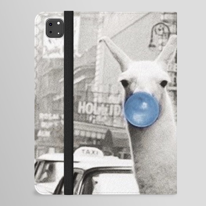 Yummy Blue Bubble Gum Llama taking a New York Taxi black and white photography iPad Folio Case