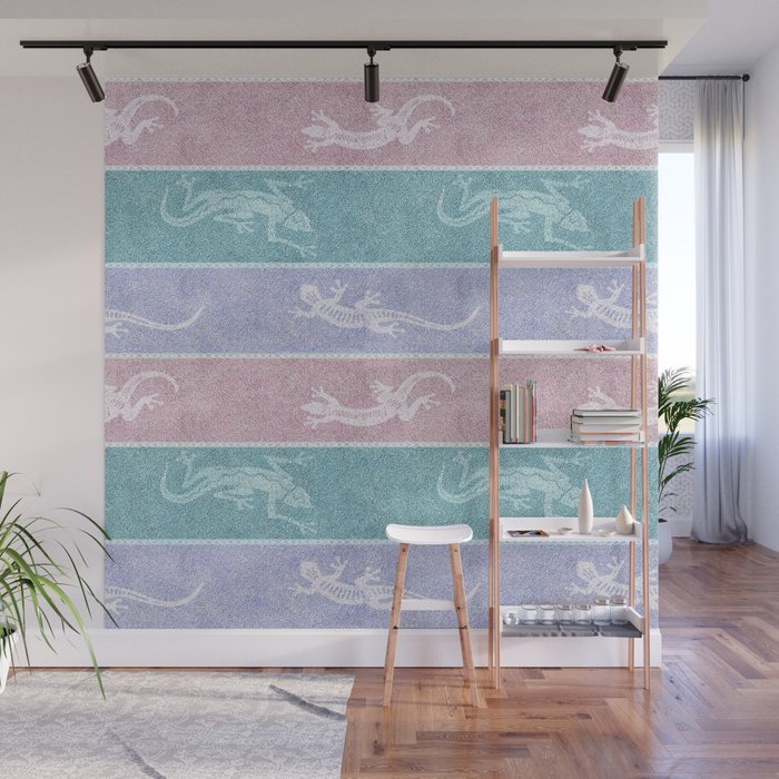 Pastel Geckos on Blue and Mint Stripes Wall Mural