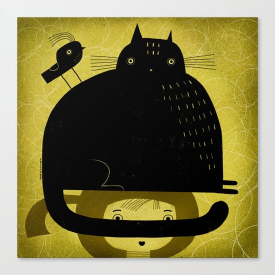 BLACK CAT AND BIRD ON HED Canvas Print