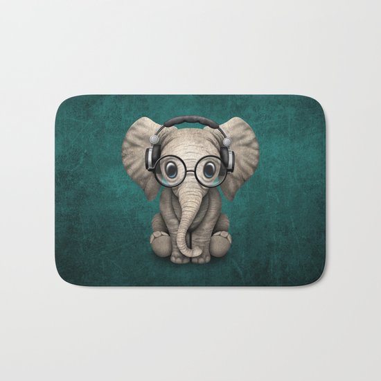 Cute Baby Elephant Dj Wearing Headphones and Glasses on Blue Bath Mat