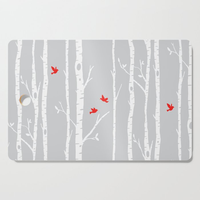 Birch tree forest with red birds on gray Cutting Board