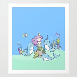 Fairy Little Mermaid and Narwhals Art Print