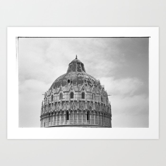 Scanned negative of San Giovanni Baptistery Art Print | Photography, Film, Black-and-white, Pisa, Travel, Architecture, Analog-photograpy, Kodak, Turist, Clouds