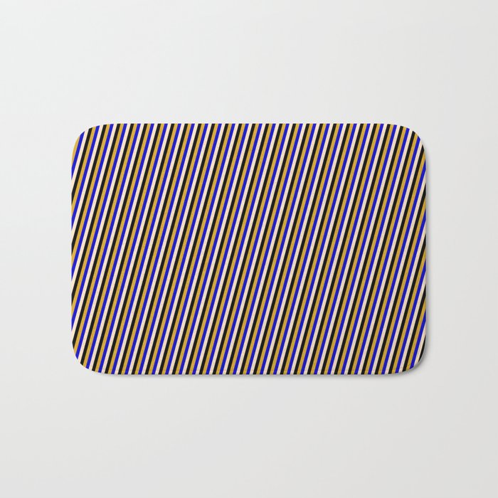 Bisque, Black, Goldenrod, and Blue Colored Pattern of Stripes Bath Mat