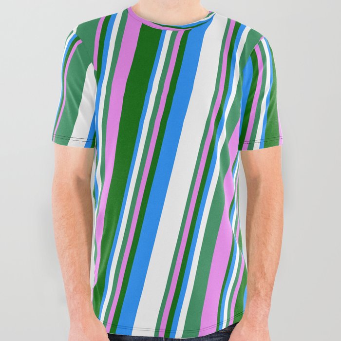 Vibrant Sea Green, Violet, Dark Green, Blue, and White Colored Stripes/Lines Pattern All Over Graphic Tee