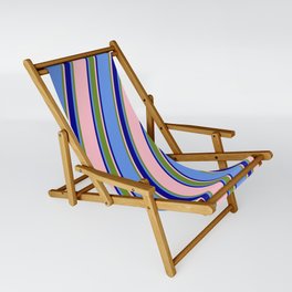 [ Thumbnail: Cornflower Blue, Green, Pink & Dark Blue Colored Striped/Lined Pattern Sling Chair ]