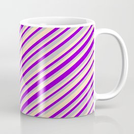[ Thumbnail: Dark Violet, Grey, and Beige Colored Striped Pattern Coffee Mug ]
