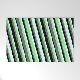 [ Thumbnail: Dim Grey, Black, Light Cyan, and Light Green Colored Striped Pattern Welcome Mat ]