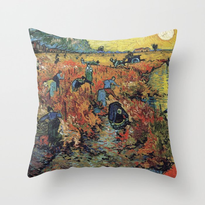 The Red Vineyards Oil Painting on Burlap by Vincent van Gogh Throw Pillow