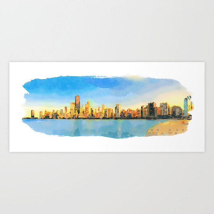 Watercolor Painting Chicago Skyline At Sunset Viewed From North