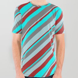 [ Thumbnail: Gray, Powder Blue, Red & Cyan Colored Stripes Pattern All Over Graphic Tee ]