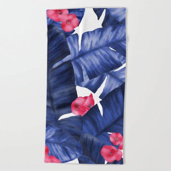 Tropical Banana Leaves With Flower Pattern Beach Towel
