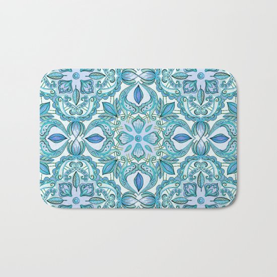 Colored Crayon Floral Pattern in Teal & White Bath Mat