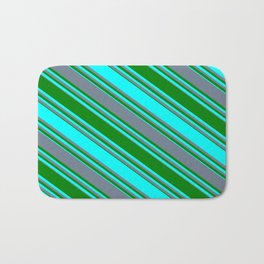 [ Thumbnail: Slate Gray, Green & Cyan Colored Stripes/Lines Pattern Bath Mat ]