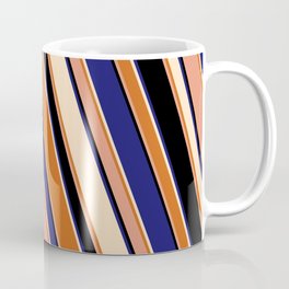 [ Thumbnail: Eyecatching Bisque, Chocolate, Dark Salmon, Black & Midnight Blue Colored Stripes/Lines Pattern Coffee Mug ]