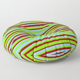 [ Thumbnail: Sky Blue, Green & Dark Red Colored Lined Pattern Floor Pillow ]