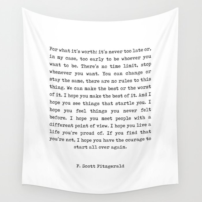 F Scott Fitzgerald Quote - For What It's Worth - Minimal, Black and White, Typewriter - Inspiring Wall Tapestry
