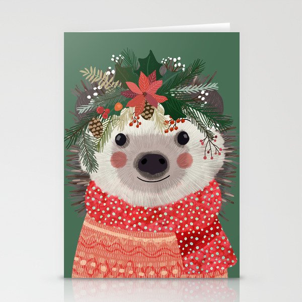 Hedgehog with Christmas Flowers Stationery Cards