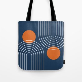 Mid Century Modern Geometric 83 in Navy Blue and Orange (Rainbow and Sun Abstraction) Tote Bag