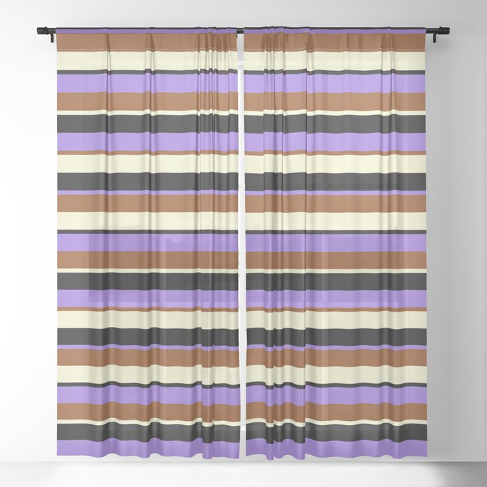Purple, Brown, Light Yellow & Black Colored Lines/Stripes Pattern Sheer Curtain