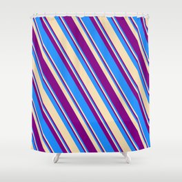 [ Thumbnail: Blue, Tan, and Purple Colored Striped Pattern Shower Curtain ]