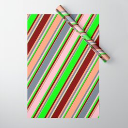 [ Thumbnail: Eye-catching Slate Gray, Pink, Lime, Maroon & Light Salmon Colored Striped Pattern Wrapping Paper ]