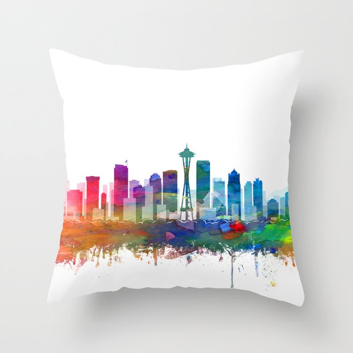 Seattle Skyline Watercolor by Zouzounio Art Throw Pillow
