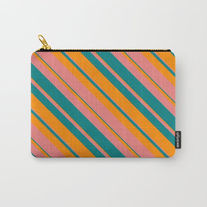 Light Coral, Teal & Dark Orange Colored Striped Pattern Carry-All Pouch