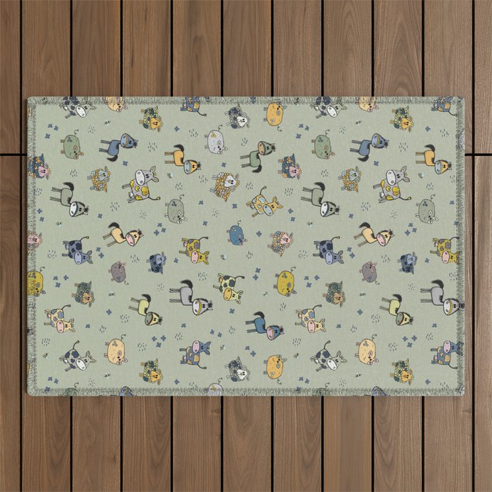 Whimsical farm animals pattern on green background Outdoor Rug
